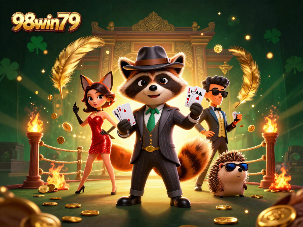Experience thrilling action at 98win79 with a raccoon, fox, and hedgehog in a vibrant casino scene.