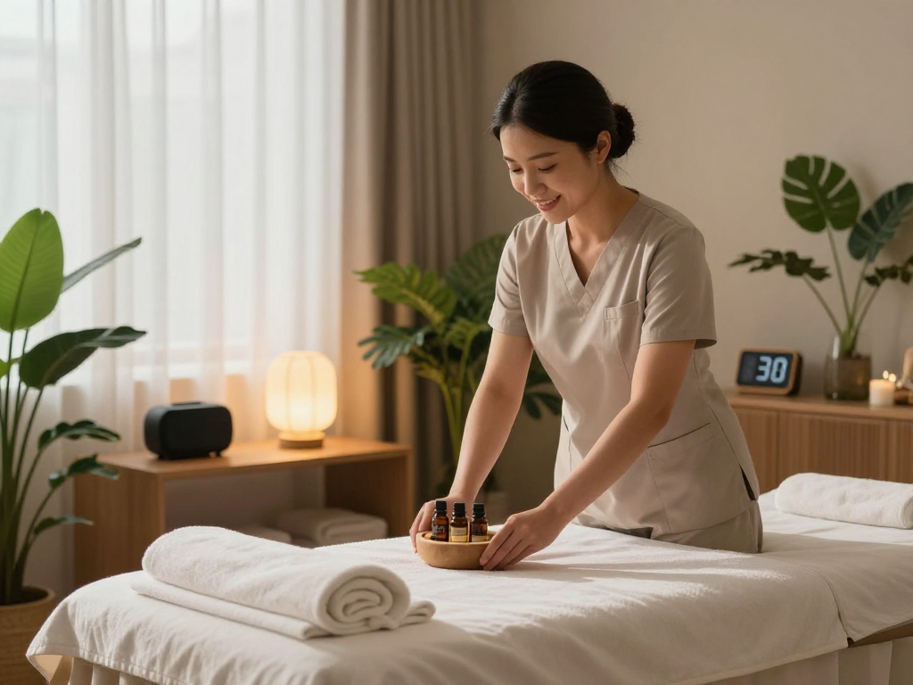 Experience soothing 출장안마 in a serene hotel setting with professional massage therapist preparing oils.