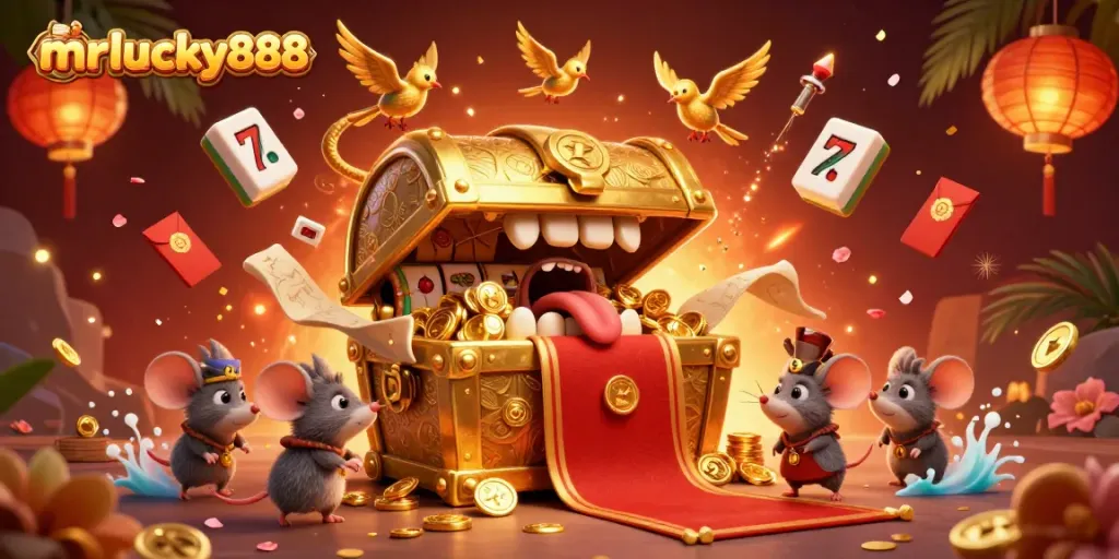 Experience the thrill of mrlucky888 with a vibrant casino scene filled with slot reels and treasures.