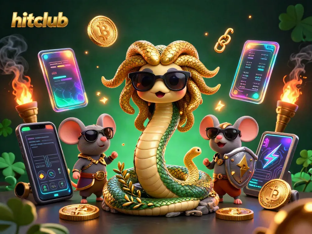Experience the excitement of hitclub with a lively scene of Medusa and a warrior mouse surrounded by crypto elements.