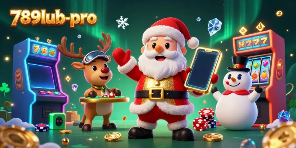 Engage with 789lub-pro's vibrant casino scene featuring Santa with jackpot slots, reindeer, and a poker chip snowman.