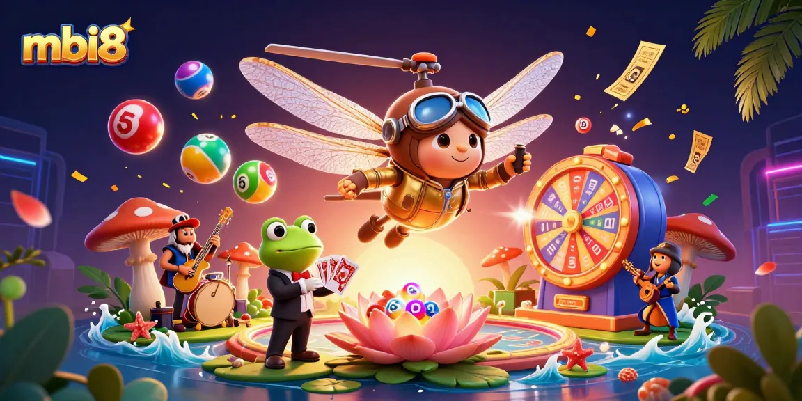 Win exciting games at mbi8, featuring colorful lottery balls and dynamic casino elements.