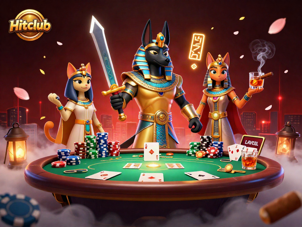 Experience thrilling gaming action at Hitclub with Anubis and Bastet amid poker elements.