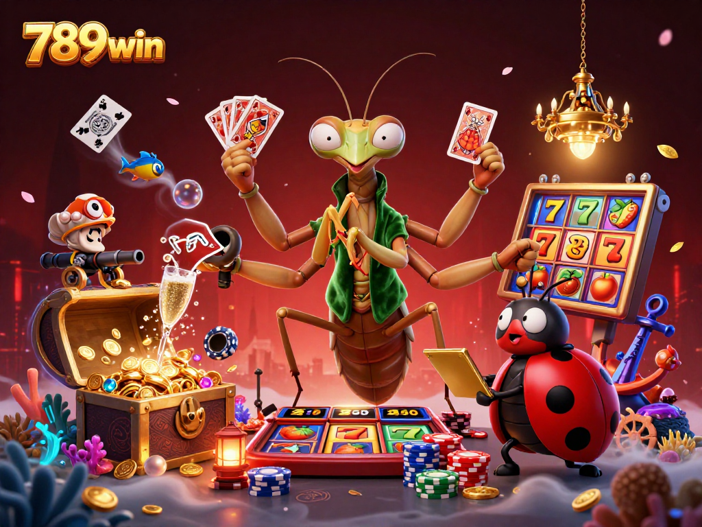 Experience the thrill of 789win with a giant praying mantis dealer amidst vibrant casino elements.