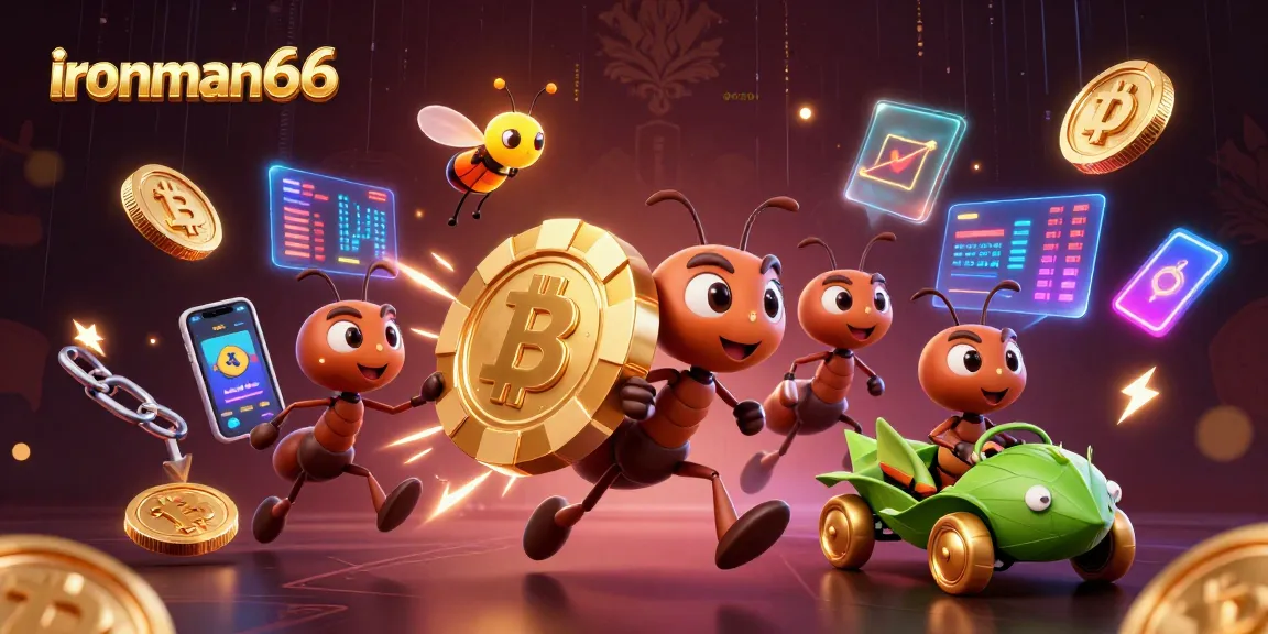 Ants carry a giant poker chip, symbolizing excitement at ironman66, surrounded by crypto elements.