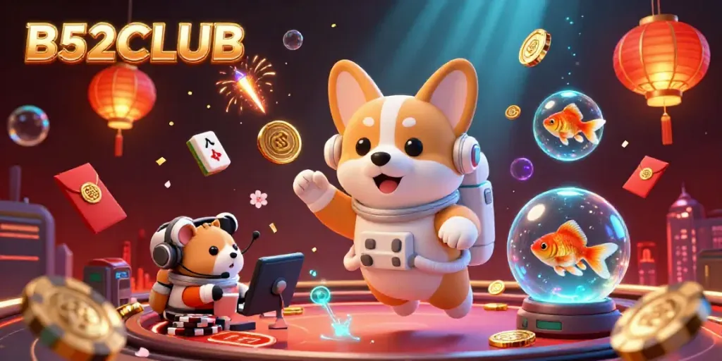 B52CLUB experience with a colorful 3D illustration of an astronaut corgi in space station casino.