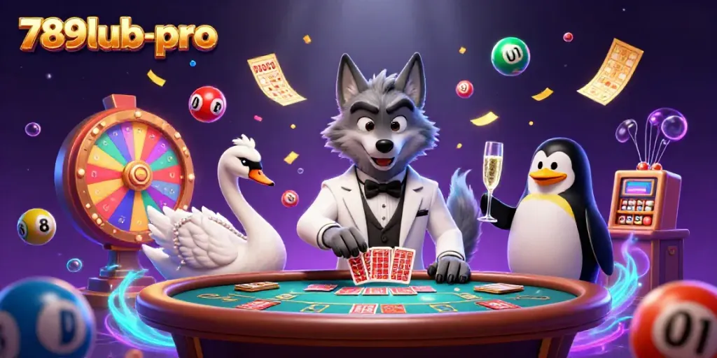 Engage with 789lub-pro's vibrant casino scene featuring a debonair wolf and elegant characters amid dynamic games.