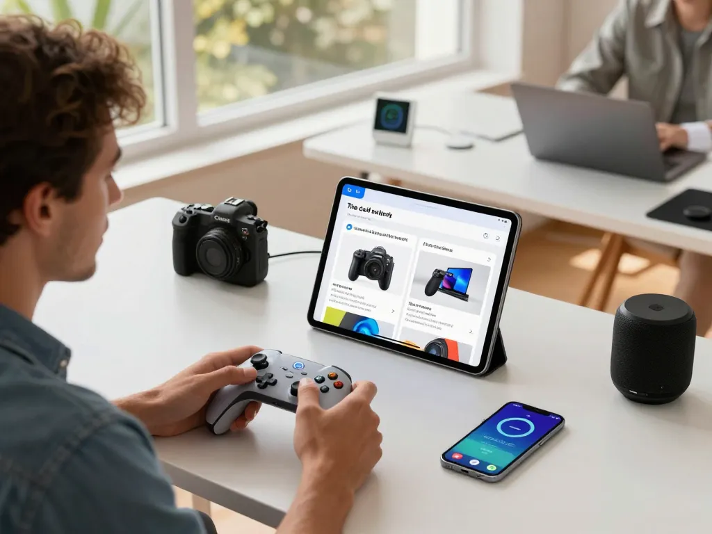 Engaging with smart tech gadgets in a modern workspace, showcasing Bluetooth controller and fitness app.