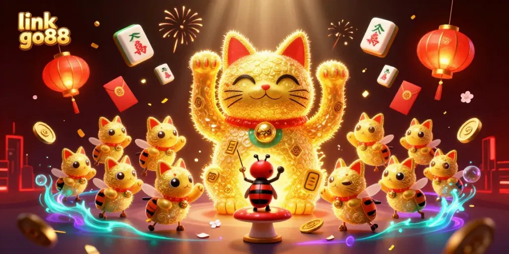Engage with vibrant casino-themed illustration featuring link go88 and a lively golden cat surrounded by festive elements.