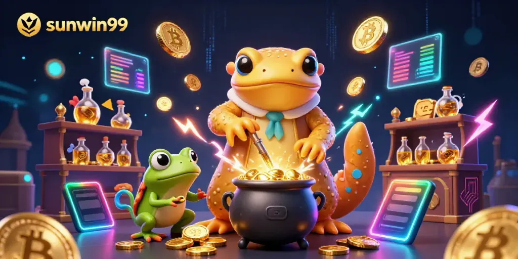 Spin and win at sunwin99 with golden coins and vibrant casino magic in a 3D fantasy scene.