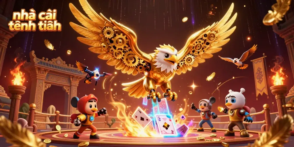 Engage with the thrilling world of nhà cái tặng tiền showcasing a cybernetic eagle diving through glowing cards and gold.