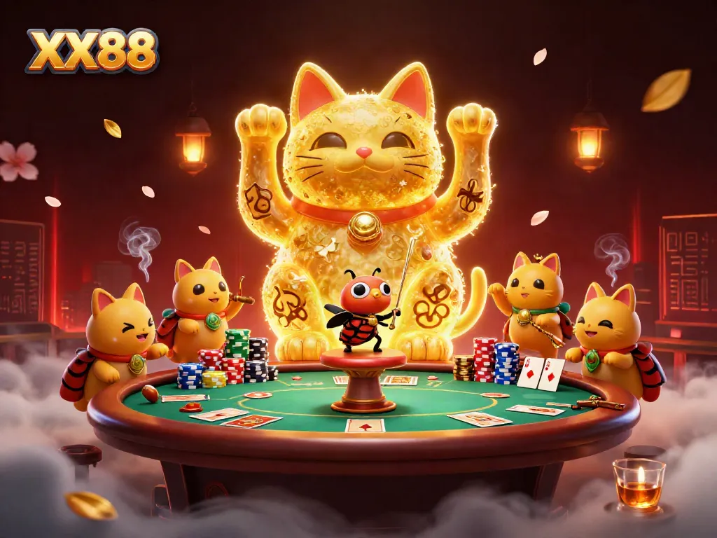 Experience the excitement of XX88 with a vibrant casino-themed illustration showcasing a lucky cat and a conductor beetle.