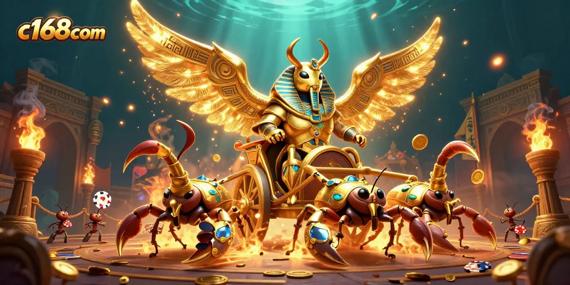 Experience the thrill of winning at c168com with a vibrant casino scene featuring a golden scarab beetle.