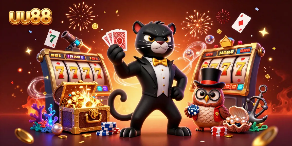 Experience winning excitement with uu88 in a vibrant 3D casino scene featuring playful characters and dynamic slot elements.