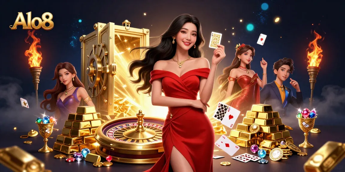 Alo8 players delight in a vibrant casino scene with golden treasures and immersive gaming experiences.