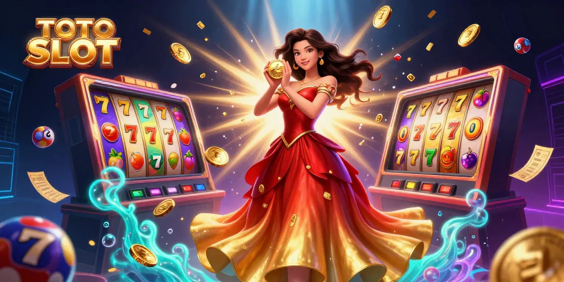 TOTO SLOT bursting with excitement as a glamorous Asian woman presents a golden coin amidst dynamic gambling elements