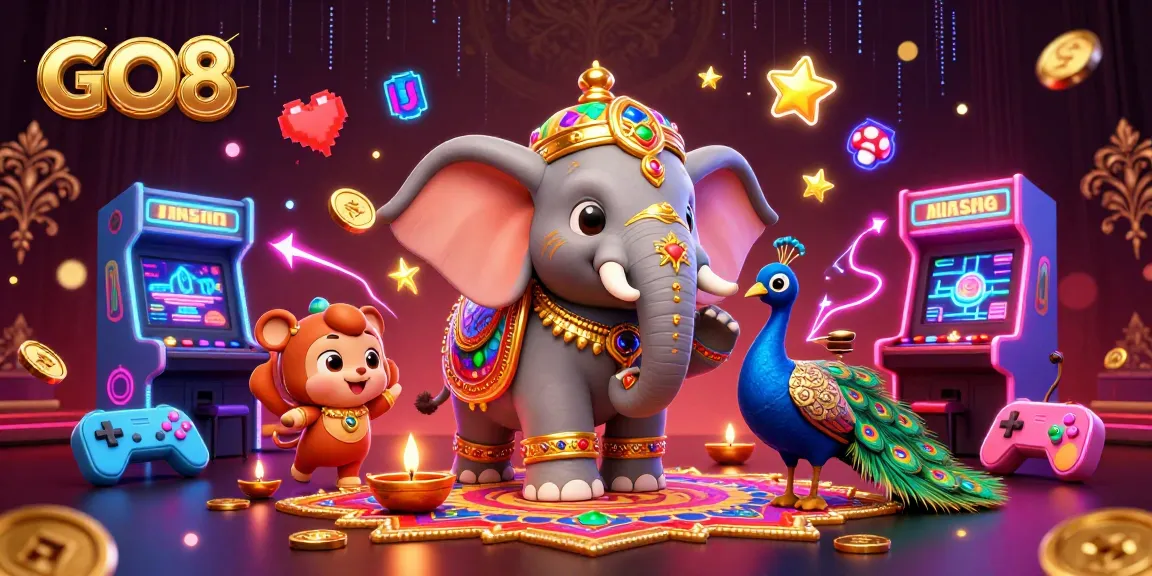 Experience the thrill of GO8 with vibrant casino elements and colorful characters enjoying games.