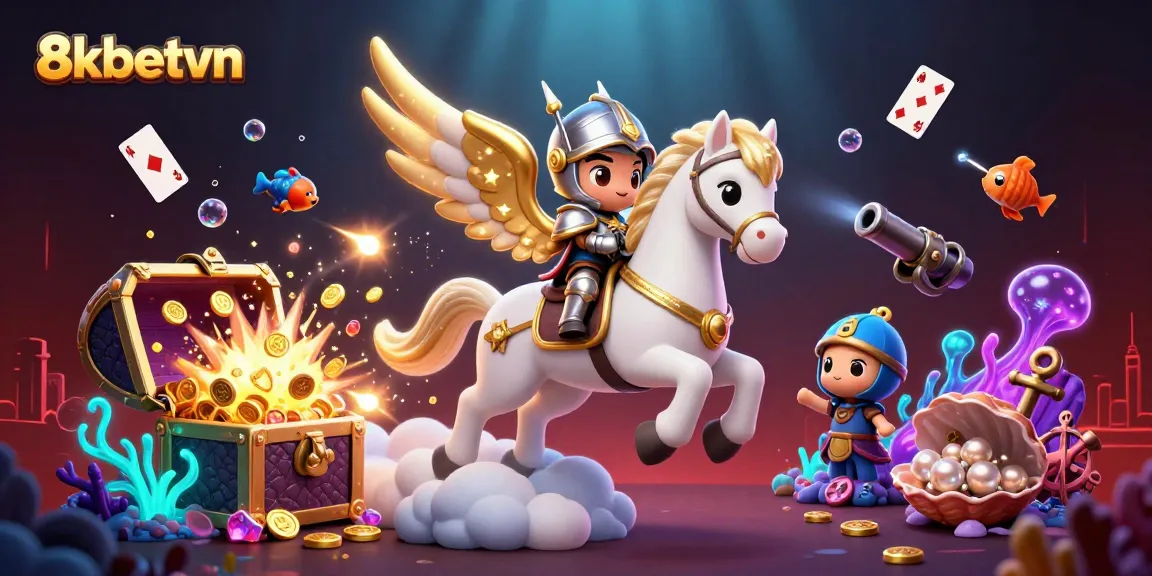 Experience thrilling gaming at 8kbetvn with a vibrant 3D illustration showcasing dynamic casino elements and characters.