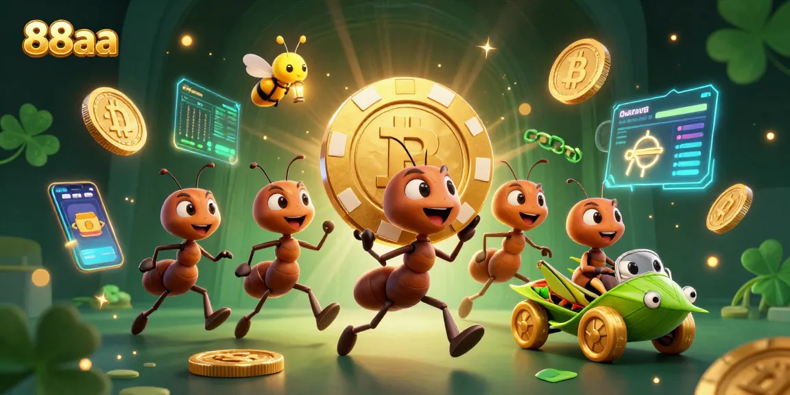 Experience the thrill of 88aa with cartoon ants heist, crypto elements, and vibrant casino imagery.