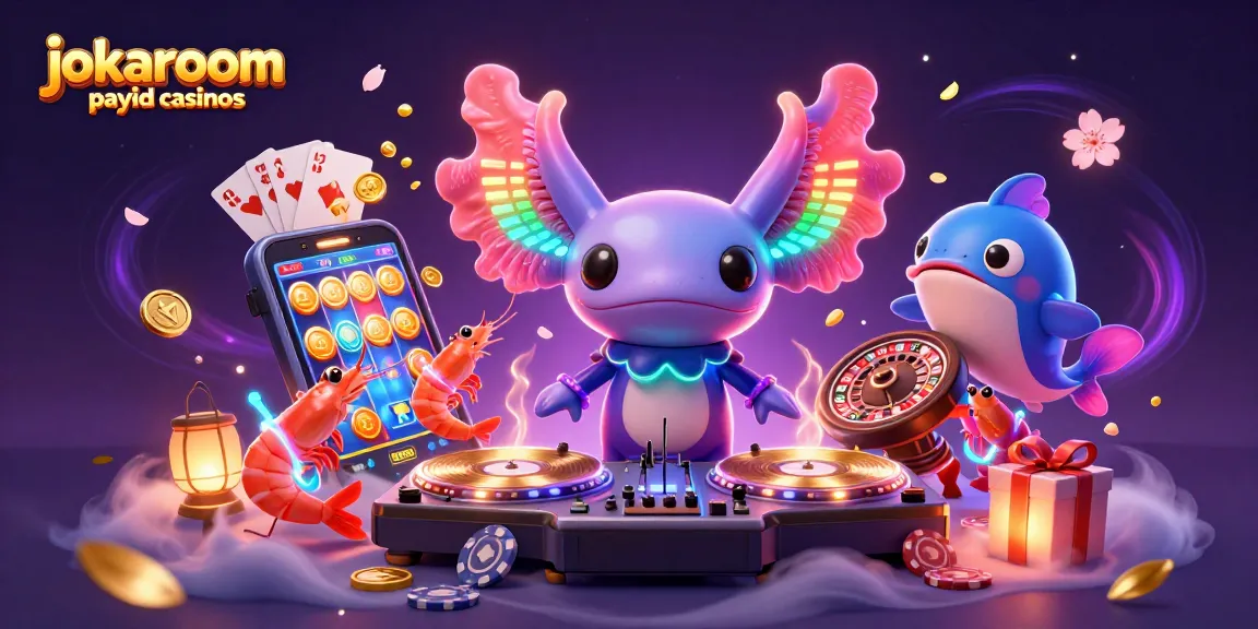 Engage with jokaroom payid casinos in this vibrant scene featuring a neon axolotl DJ and playful underwater friends.