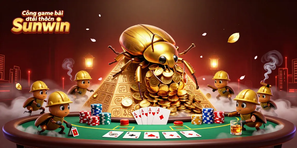 Cổng game bài đổi thưởng Sunwin showcases a vibrant 3D illustration with a golden dung beetle and poker elements.