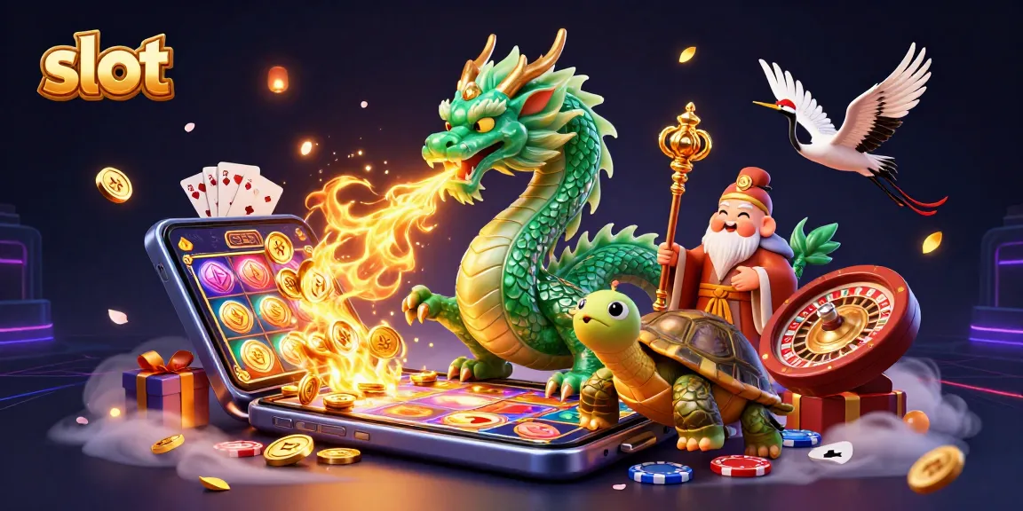 Engage in thrilling slot game action with an emerald dragon and cartoon turtle at a vibrant casino scene.