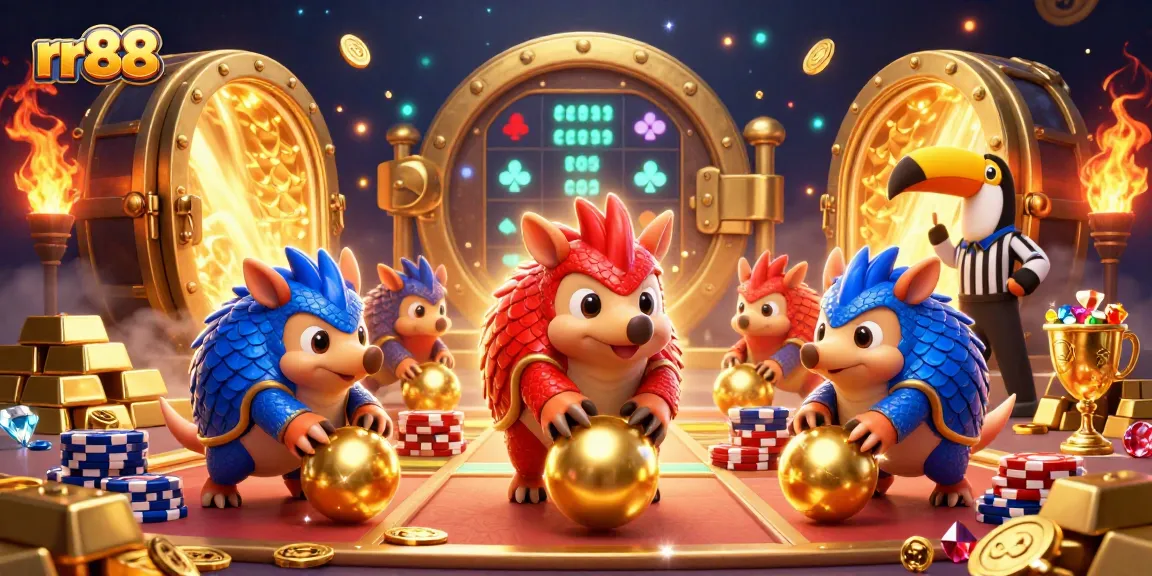 Dynamic scene showcasing rr88 themed gambling action with rival pangolins and magical treasures.