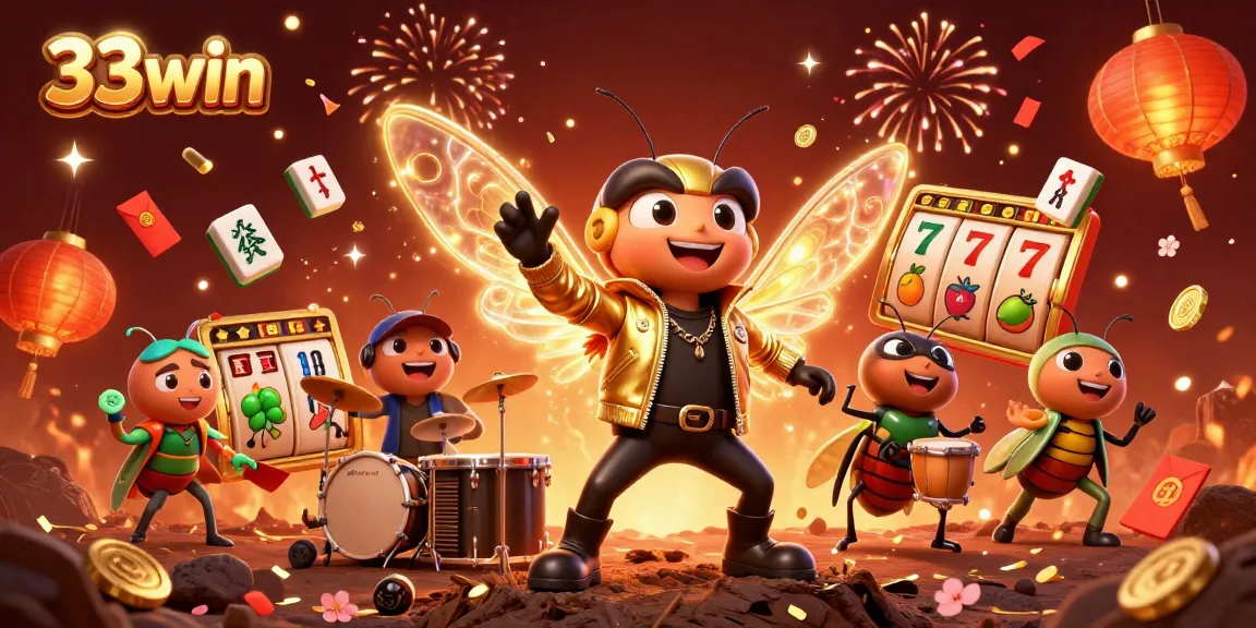 Engage in thrilling gameplay at 33win with a vibrant casino celebration featuring electric characters and slot elements.