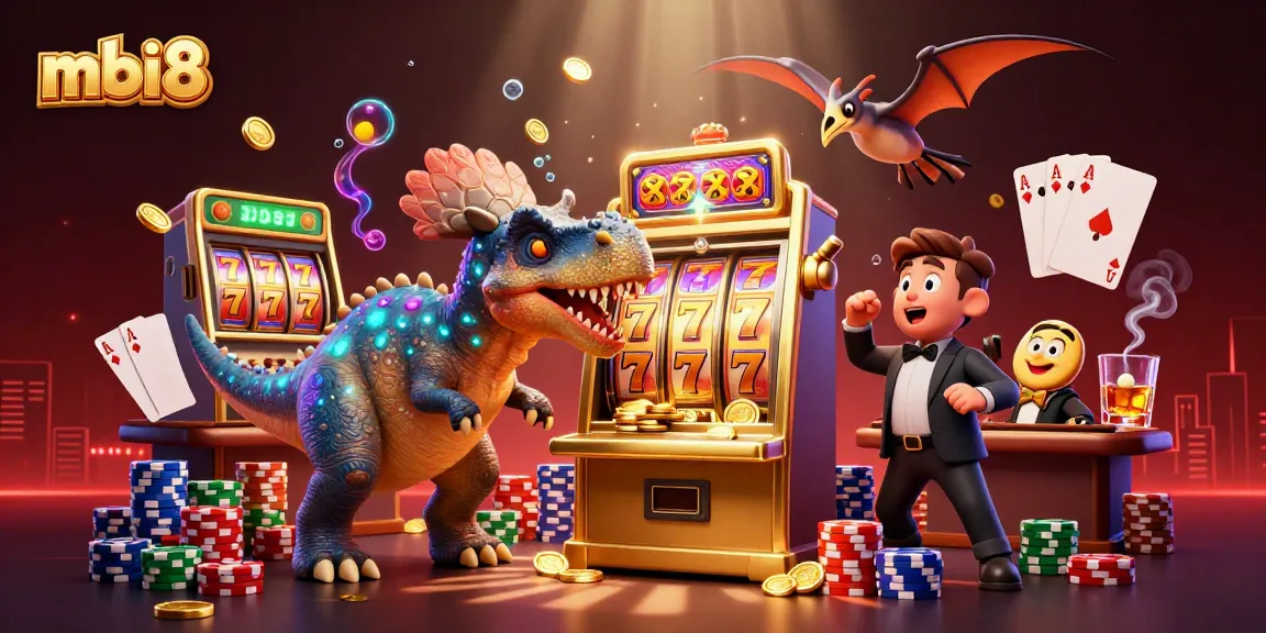 Experience thrilling jackpots with mbi8's exciting 3D casino scene featuring fun dinosaur characters.