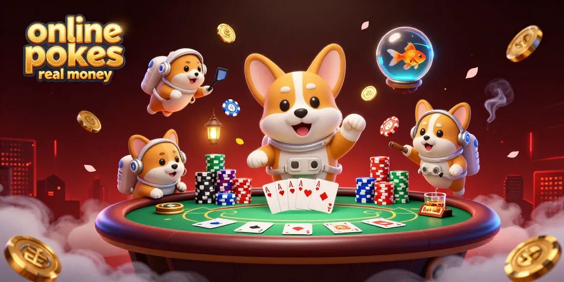 Explore online pokies real money in a vibrant casino scene with a floating corgi and poker elements.