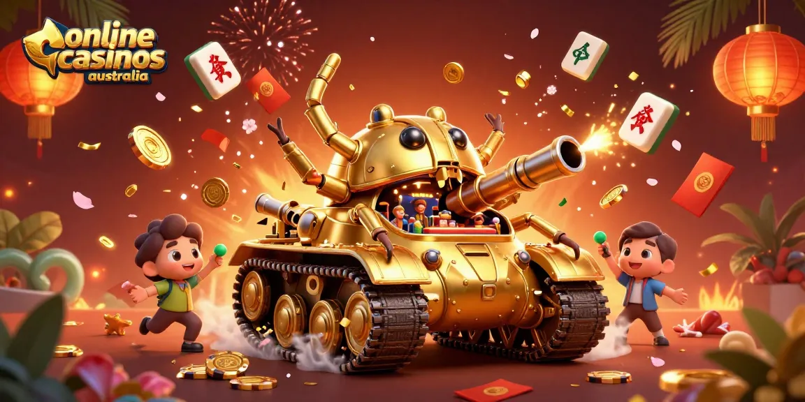 Experience the thrill of online casinos Australia with a vibrant 3D casino scene featuring a golden beetle tank.