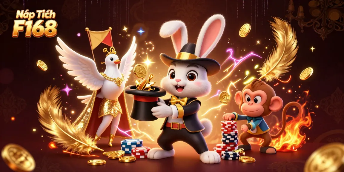Nạp Tiền F168 features a whimsical scene with a magician rabbit, dove, and monkey amidst magical casino elements