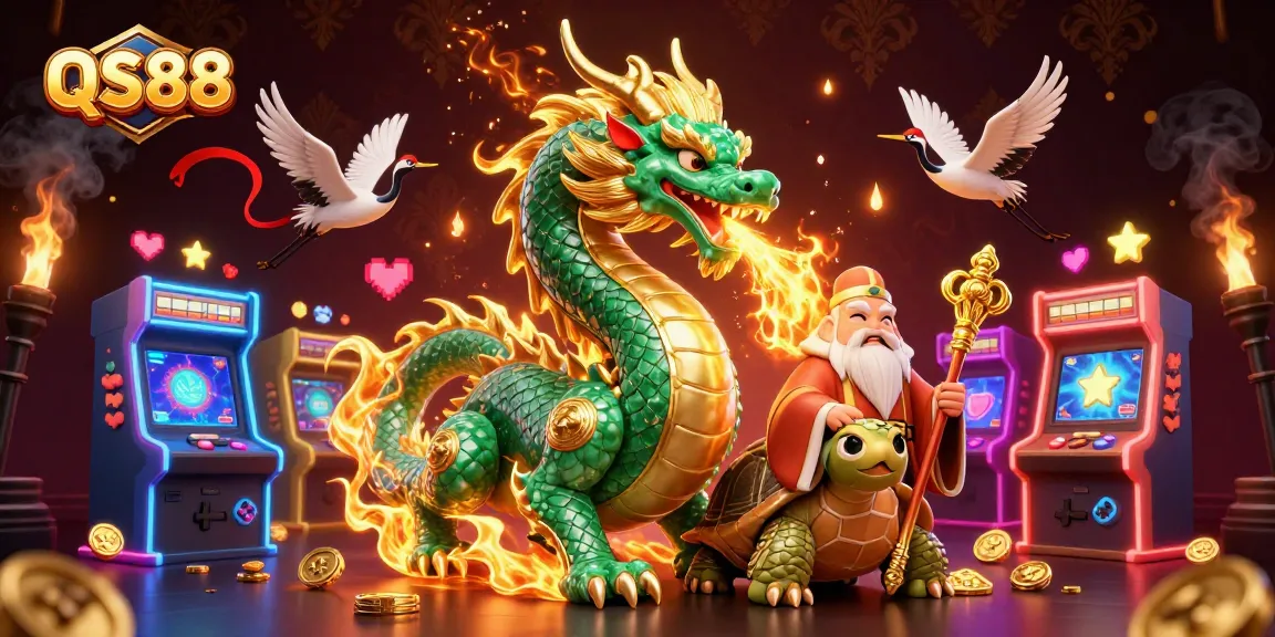 Engage in thrilling gameplay at QS88 with an enchanting dragon and turtle, surrounded by vibrant casino elements.