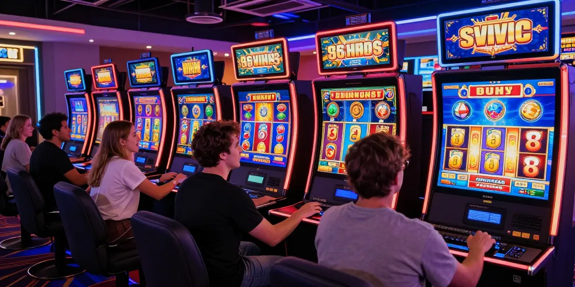 Exciting slot gacor gameplay scene with diverse players celebrating big wins in a vibrant online casino.