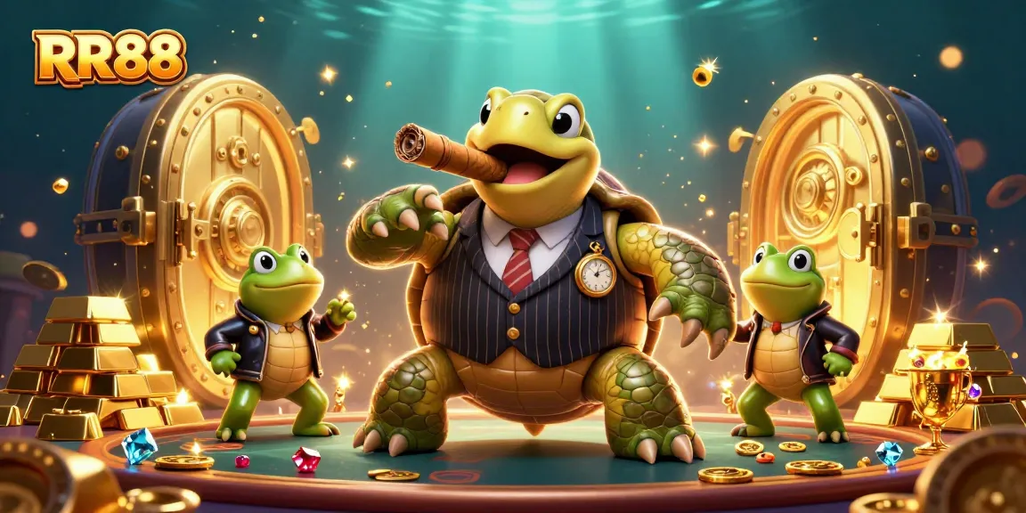 Experience thrilling moments at RR88 Casino with our vibrant 3D illustration where a turtle mobster and bullfrogs bring excitement to gaming.